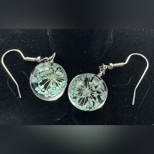 Real Pressed Flower Pierced Earrings. Aqua. Hook Closure.